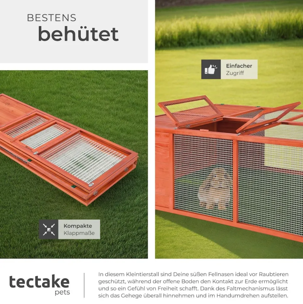 tectake® Hasenstall, faltbar, aus lackiertem Holz, engmaschiges Gitter, 150 x 103 x 53 cm, keine Montage
