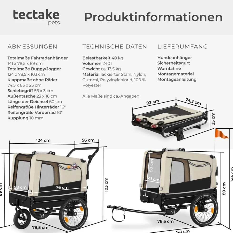 tectake® Hundeanhänger, 3in1 multifunktional, gefedert, Belastbarkeit 40 kg, 240 Liter, inklusive Reflektoren, Leine und Warnfahne