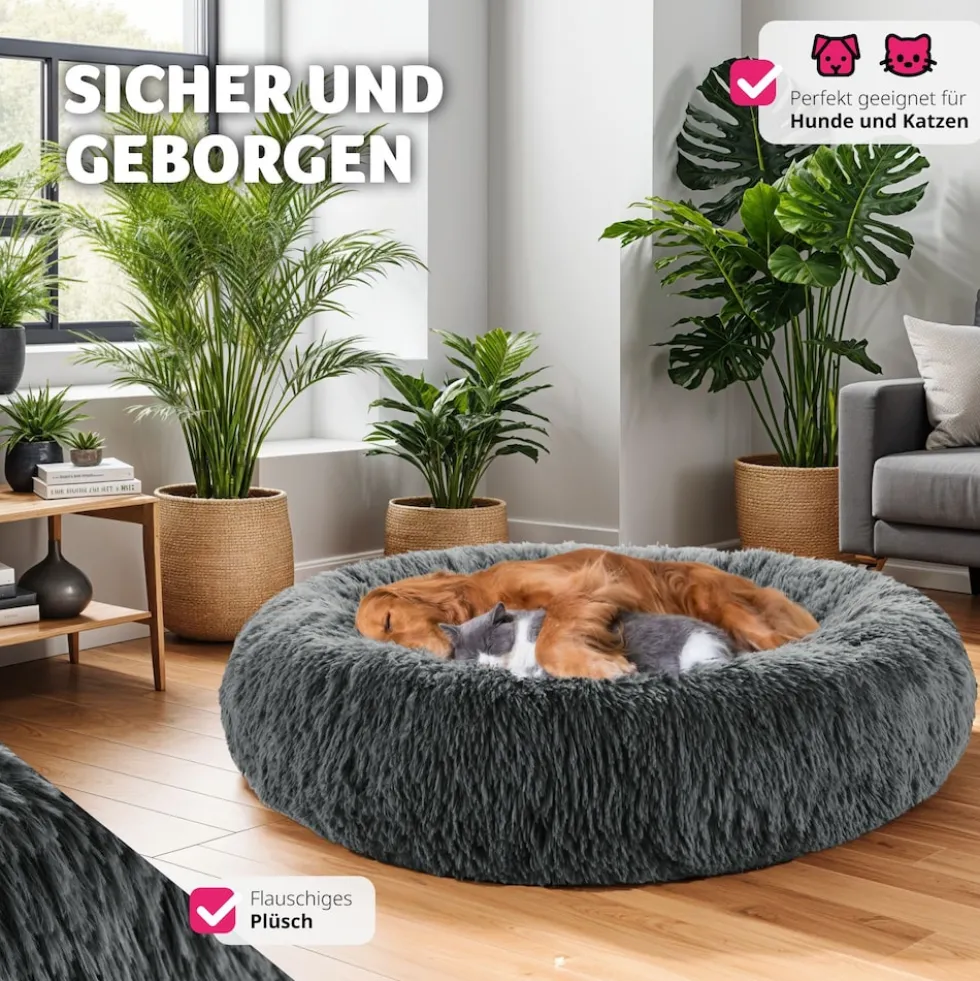tectake® Hundebett, rund mit langem Plüsch, rutschfeste Unterseite, waschbar