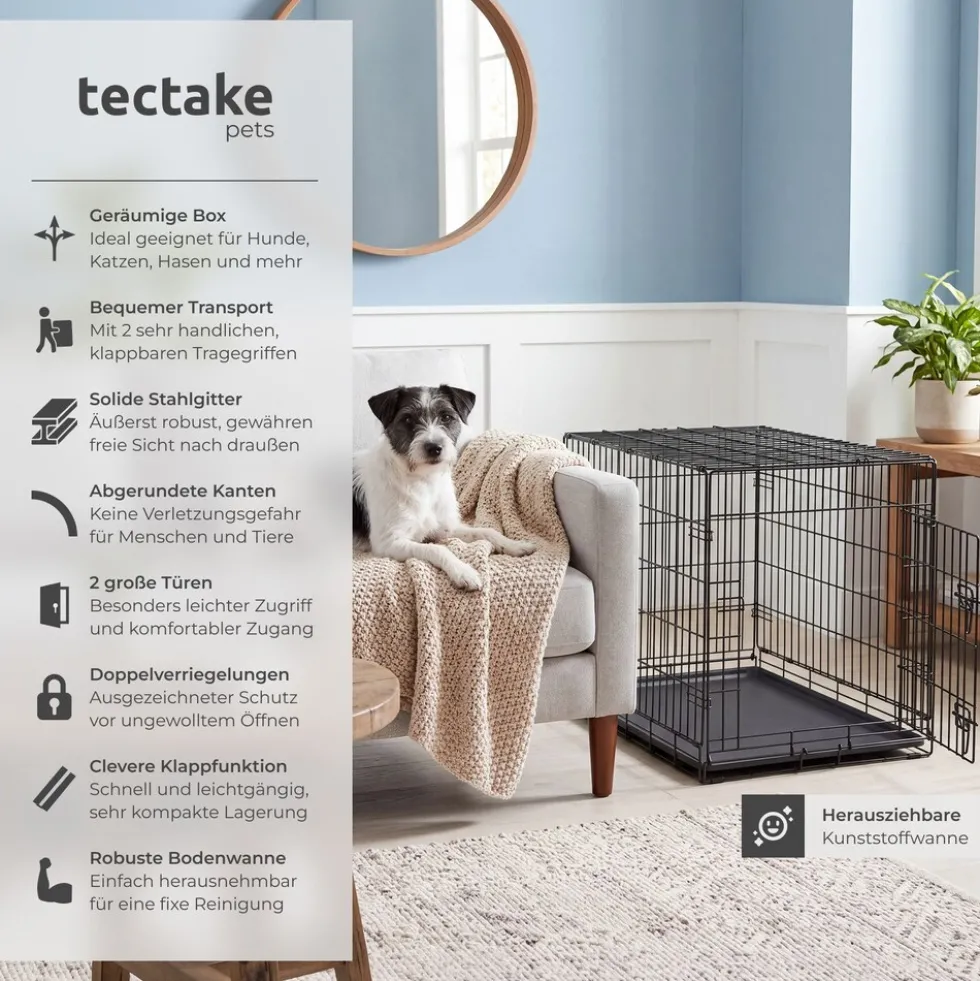 tectake® Hundekäfig-Gitterbox, klappbar, mit 2 Tragegriffen, 2 große Türen mit Doppelverriegelung, herausnehmbarer Boden, abgerundete Ecken