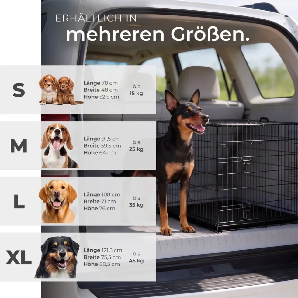 tectake® Hundekäfig-Gitterbox, klappbar, mit 2 Tragegriffen, 2 große Türen mit Doppelverriegelung, herausnehmbarer Boden, abgerundete Ecken