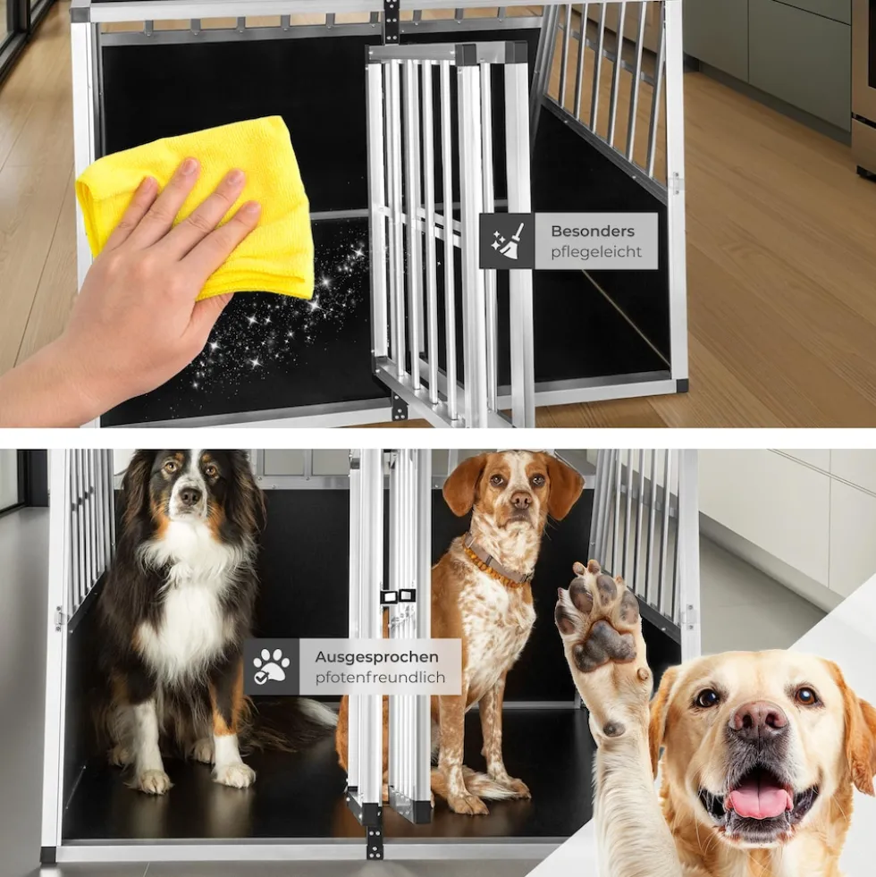 tectake® Hundetransportbox doppel, mit schräger Rückwand, verschließbare Gittertür, mit schützenden Kunststoffecken