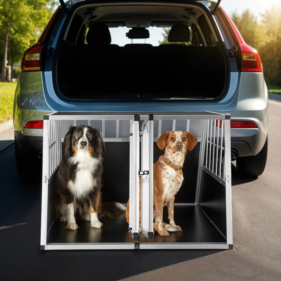 tectake® Hundetransportbox doppel, mit schräger Rückwand, verschließbare Gittertür, mit schützenden Kunststoffecken