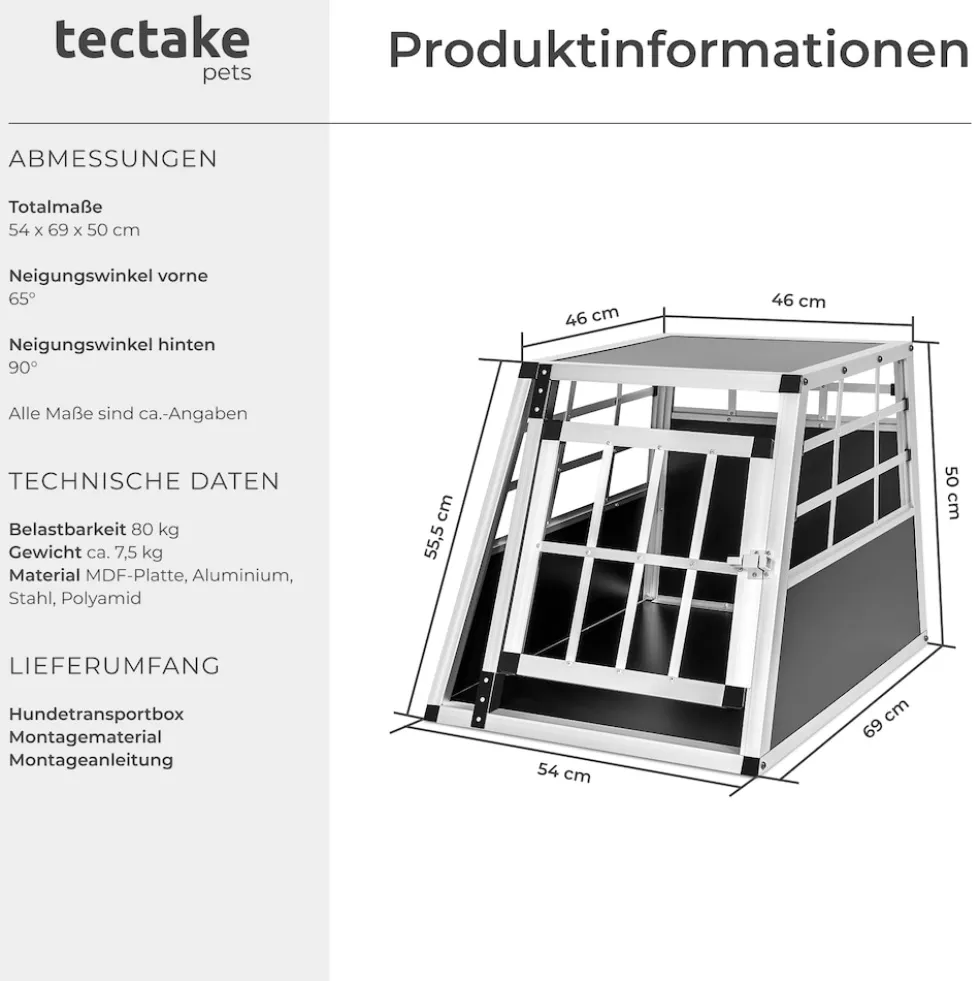 tectake® Hundetransportbox single, mit gerader Rückwand, verschließbare Gittertür, mit schützenden Kunststoffecken