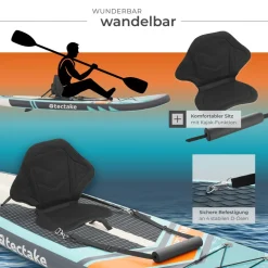 tectake® 2in1 Stand-Up Paddle Board 288 cm, aus Drop-Stitch Material, verstellbares Doppelpaddel, Belastbarkeit 200 kg, inklusive Kajak-Sitz