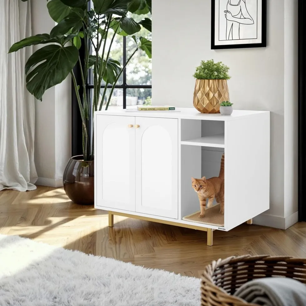 tectake® Katzenschrank, seitlicher Eingang, hohe Beine, kleines Staufach, inklusive Kratzmatte, 80 x 52 x 61,5 cm
