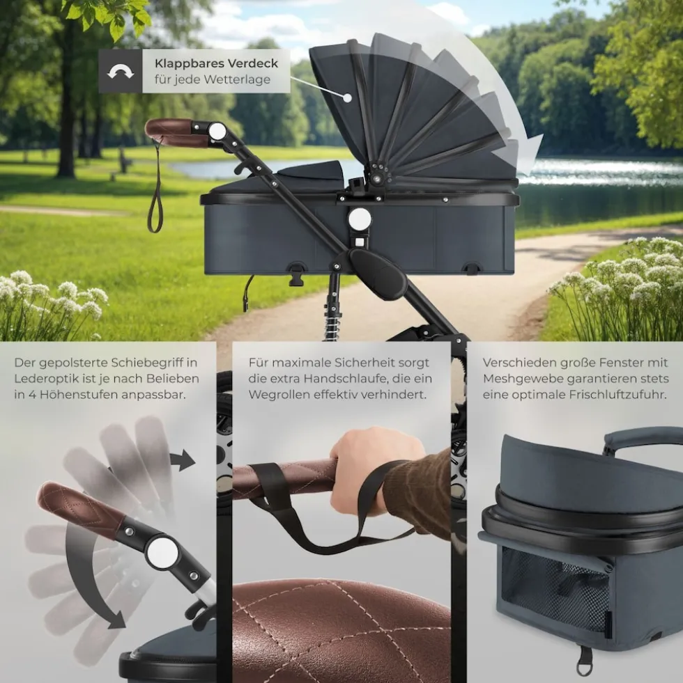 tectake® Kombi-Kinderwagen, 2 in 1, klappbar, mit 5-Punkt-Gurt, Bremse, Schutzbügel und Handschlaufe, pulverbeschichteter Aluminiumrahmen, pflegeleichter Stoffbezug, für 0 bis 36 Monate geeignet, Belastbarkeit 15 kg