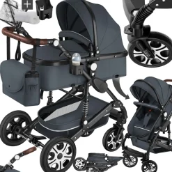 tectake® Kombi-Kinderwagen, 2 in 1, klappbar, mit 5-Punkt-Gurt, Bremse, Schutzbügel und Handschlaufe, pulverbeschichteter Aluminiumrahmen, pflegeleichter Stoffbezug, für 0 bis 36 Monate geeignet, Belastbarkeit 15 kg