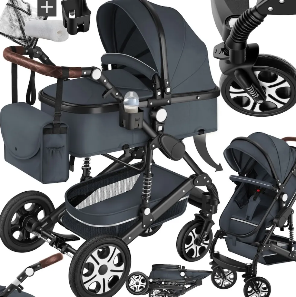 tectake® Kombi-Kinderwagen, 2 in 1, klappbar, mit 5-Punkt-Gurt, Bremse, Schutzbügel und Handschlaufe, pulverbeschichteter Aluminiumrahmen, pflegeleichter Stoffbezug, für 0 bis 36 Monate geeignet, Belastbarkeit 15 kg