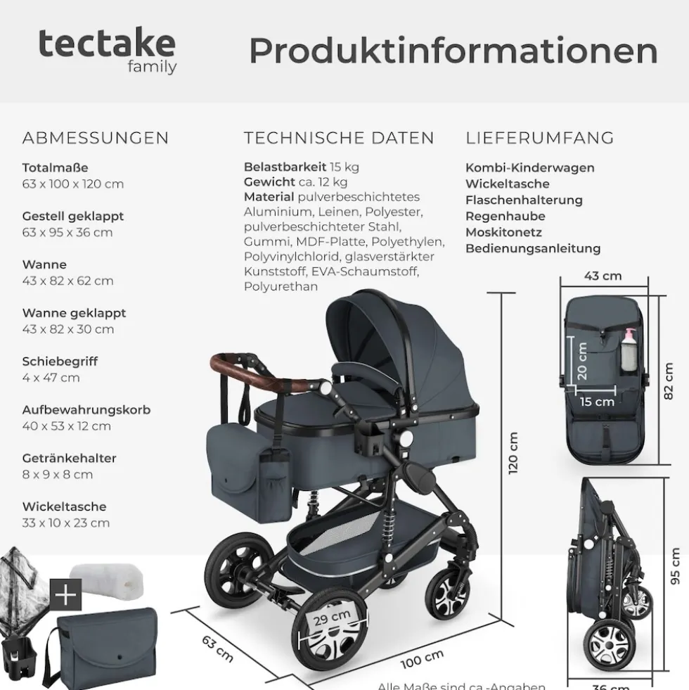 tectake® Kombi-Kinderwagen, 2 in 1, klappbar, mit 5-Punkt-Gurt, Bremse, Schutzbügel und Handschlaufe, pulverbeschichteter Aluminiumrahmen, pflegeleichter Stoffbezug, für 0 bis 36 Monate geeignet, Belastbarkeit 15 kg