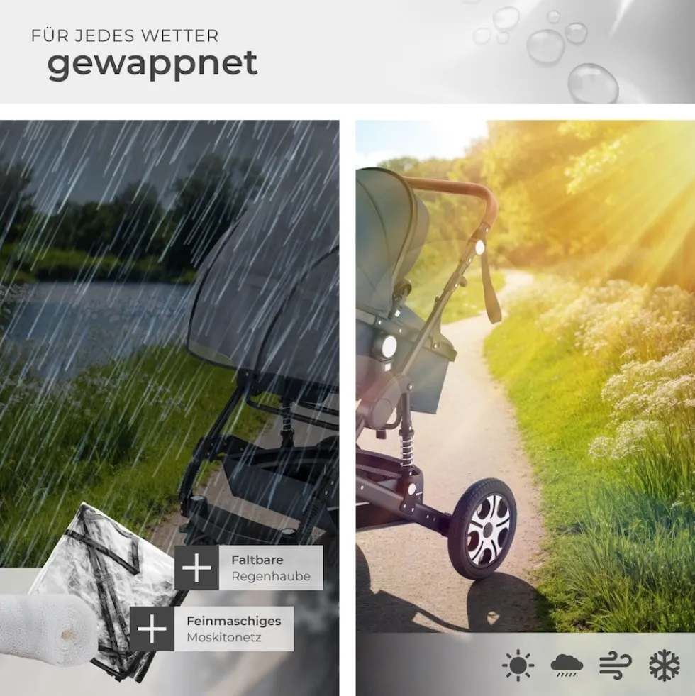 tectake® Kombi-Kinderwagen, 2 in 1, klappbar, mit 5-Punkt-Gurt, Bremse, Schutzbügel und Handschlaufe, pulverbeschichteter Aluminiumrahmen, pflegeleichter Stoffbezug, für 0 bis 36 Monate geeignet, Belastbarkeit 15 kg