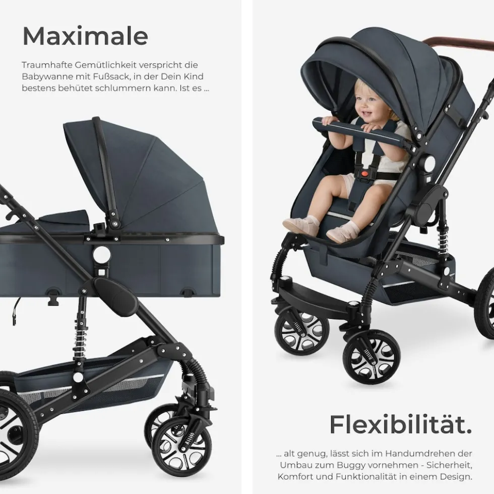 tectake® Kombi-Kinderwagen, 2 in 1, klappbar, mit 5-Punkt-Gurt, Bremse, Schutzbügel und Handschlaufe, pulverbeschichteter Aluminiumrahmen, pflegeleichter Stoffbezug, für 0 bis 36 Monate geeignet, Belastbarkeit 15 kg