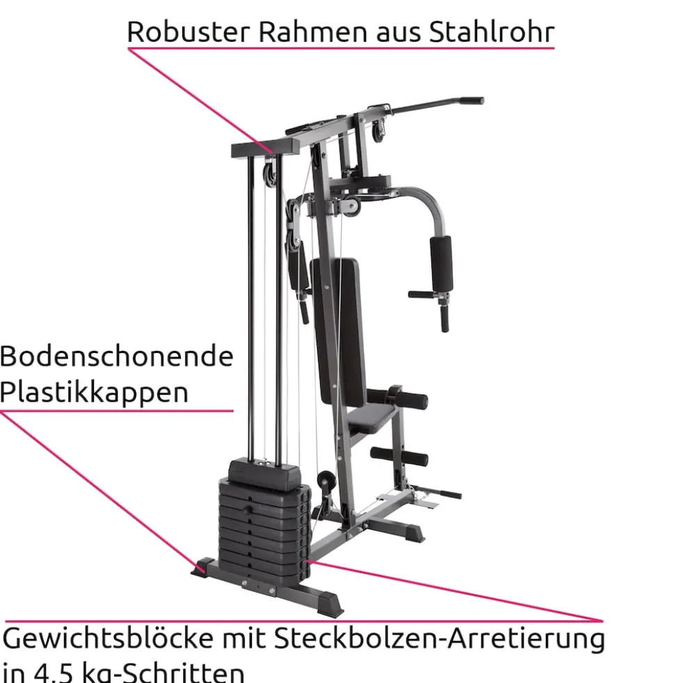 tectake® Kraftstation, mit Butterfly- und Beinstreckermodul, gepolstert mit Kunstlederbezug, 160 x 98 x 203 cm