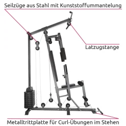 tectake® Kraftstation, mit Butterfly-, Beinstrecker- und höhenverstellbarem Butterflymodul, gepolstert mit Kunstlederbezug, 160 x 98 x 203 cm