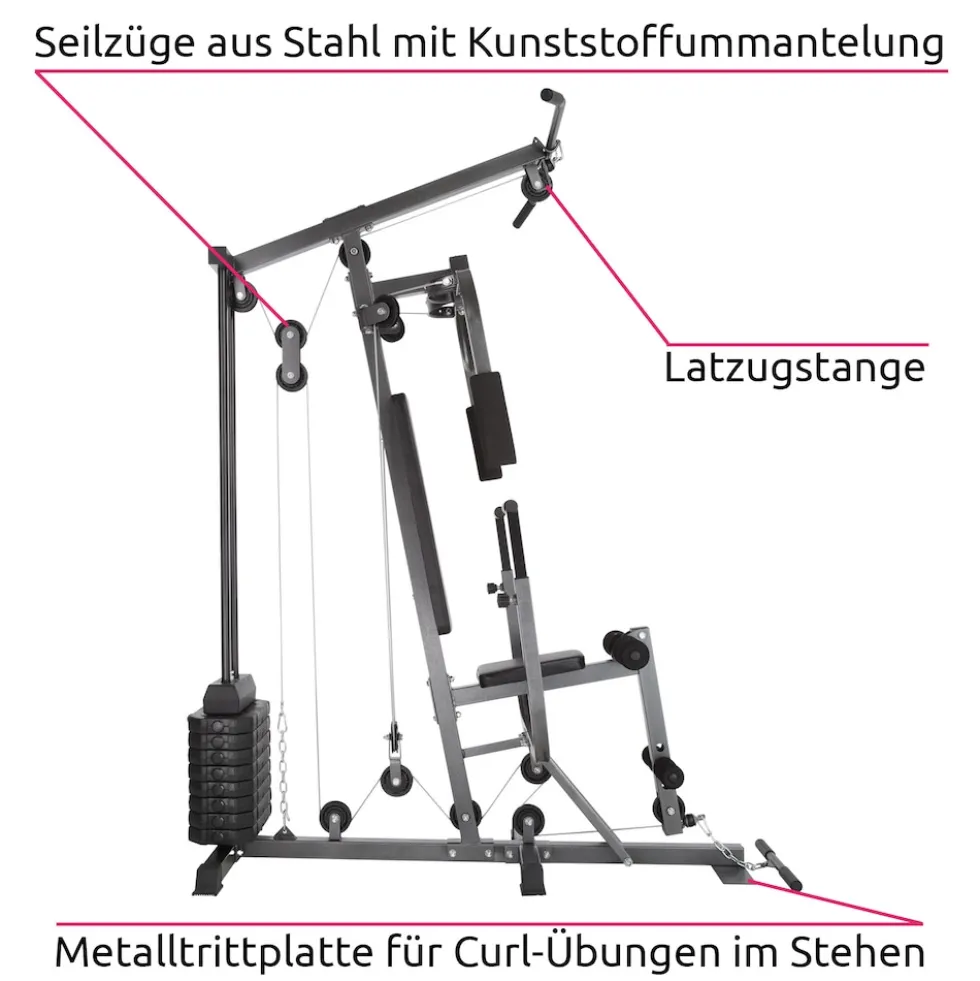 tectake® Kraftstation, mit Butterfly-, Beinstrecker- und höhenverstellbarem Butterflymodul, gepolstert mit Kunstlederbezug, 160 x 98 x 203 cm