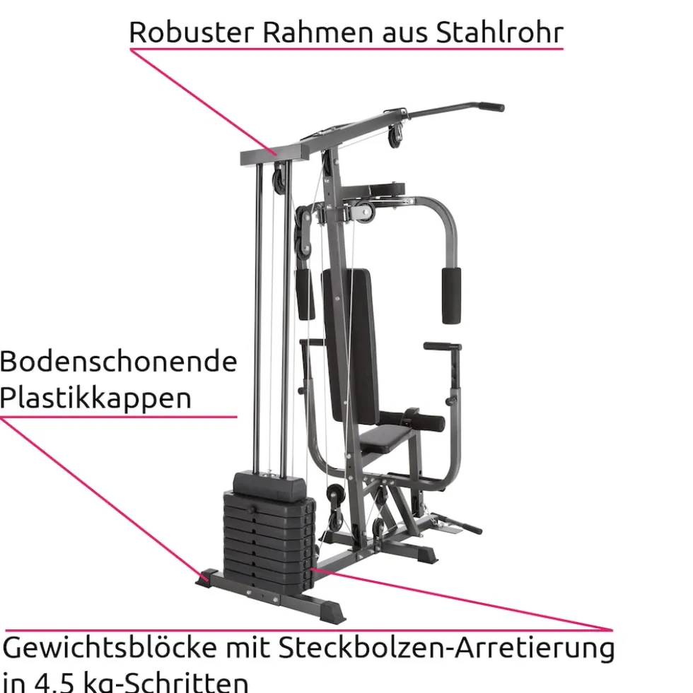 tectake® Kraftstation, mit Butterfly-, Beinstrecker- und höhenverstellbarem Butterflymodul, gepolstert mit Kunstlederbezug, 160 x 98 x 203 cm