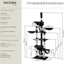 tectake® Kratzbaum, 243 bis 260 cm, mit 2 Katzenhäusern, inklusive 2 Treppen, 2 Spielbällen, Deckenspanner und Kippschutz
