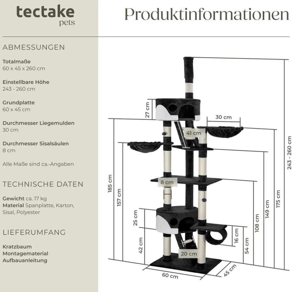 tectake® Kratzbaum, 243 bis 260 cm, mit 2 Katzenhäusern, inklusive 2 Treppen, 2 Spielbällen, Deckenspanner und Kippschutz