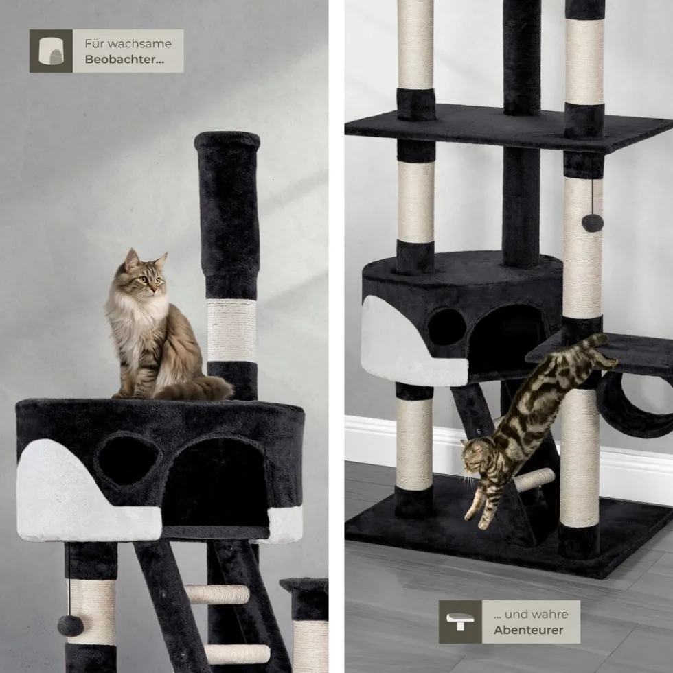 tectake® Kratzbaum, 243 bis 260 cm, mit 2 Katzenhäusern, inklusive 2 Treppen, 2 Spielbällen, Deckenspanner und Kippschutz
