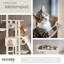 tectake® Kratzbaum, 234 bis 261 cm, mit Katzenhaus, inklusive 2 Treppen, 2 Spielkordeln, Kratzbogen, Deckenspanner und Kippschutz