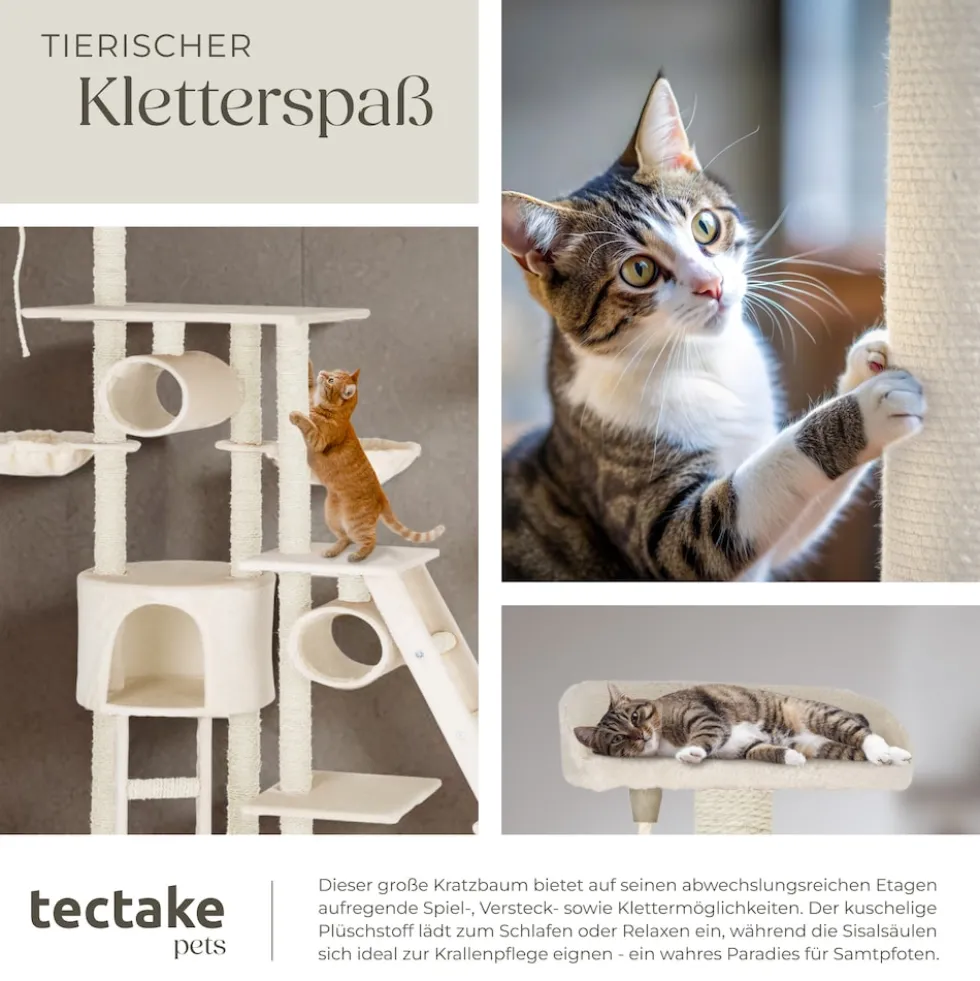 tectake® Kratzbaum, 234 bis 261 cm, mit Katzenhaus, inklusive 2 Treppen, 2 Spielkordeln, Kratzbogen, Deckenspanner und Kippschutz