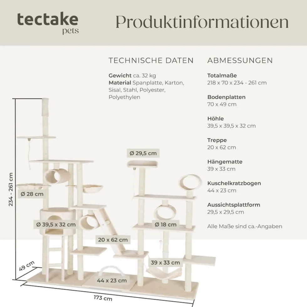 tectake® Kratzbaum, 234 bis 261 cm, mit Katzenhaus, inklusive 2 Treppen, 2 Spielkordeln, Kratzbogen, Deckenspanner und Kippschutz