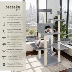 tectake® Kratzbaum, 165 cm, mit Katzenhaus, inklusive 4 Spielbällen, Kordel und Kippschutz