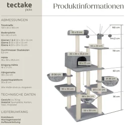 tectake® Kratzbaum, 165 cm, mit Katzenhaus, inklusive 4 Spielbällen, Kordel und Kippschutz