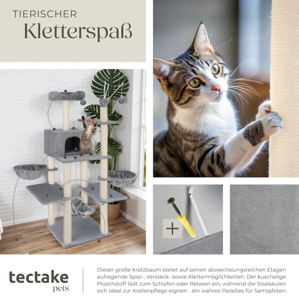 tectake® Kratzbaum, 165 cm, mit Katzenhaus, inklusive 4 Spielbällen, Kordel und Kippschutz