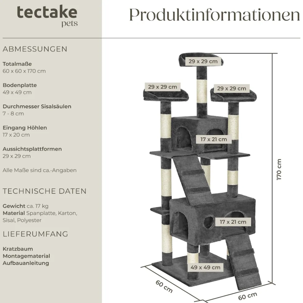 tectake® Kratzbaum, 170 cm, mit 2 Katzenhäusern, inklusive 2 Treppen und Kippschutz