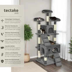 tectake® Kratzbaum, 170 cm, mit 2 Katzenhäusern, inklusive 2 Treppen und Kippschutz