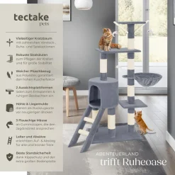 tectake® Kratzbaum, 144 cm, mit Katzenhaus, inklusive Treppe, 3 Spielmäusen und Kippschutz