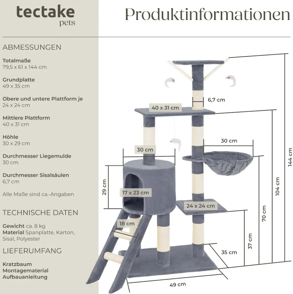 tectake® Kratzbaum, 144 cm, mit Katzenhaus, inklusive Treppe, 3 Spielmäusen und Kippschutz