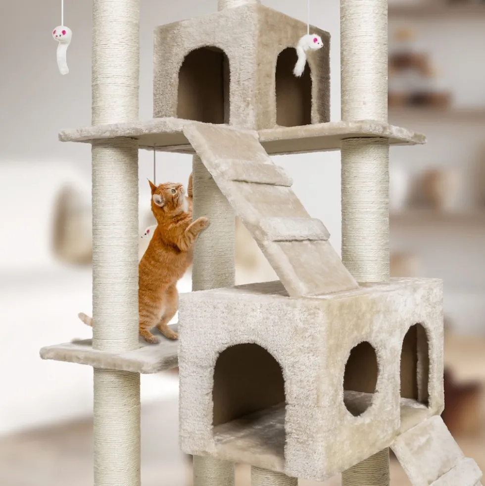 tectake® Kratzbaum, 186 cm, mit 2 Katzenhäusern, inklusive 2 Treppen, 4 Spielmäusen und Kippschutz