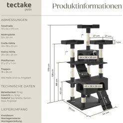 tectake® Kratzbaum, 170 cm, mit 2 Katzenhäusern, inklusive 2 Treppen, 4 Spielmäusen und Kippschutz