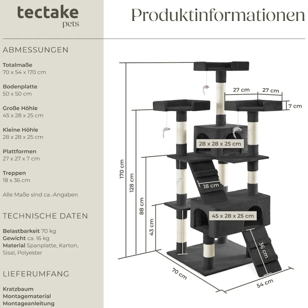 tectake® Kratzbaum, 170 cm, mit 2 Katzenhäusern, inklusive 2 Treppen, 4 Spielmäusen und Kippschutz
