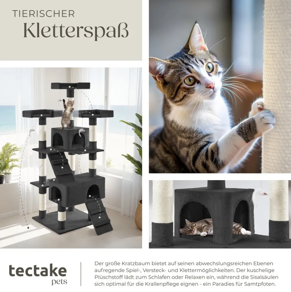tectake® Kratzbaum, 170 cm, mit 2 Katzenhäusern, inklusive 2 Treppen, 4 Spielmäusen und Kippschutz