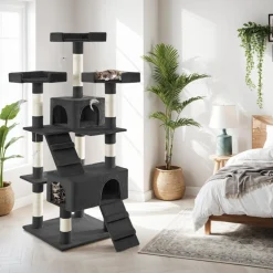 tectake® Kratzbaum, 170 cm, mit 2 Katzenhäusern, inklusive 2 Treppen, 4 Spielmäusen und Kippschutz