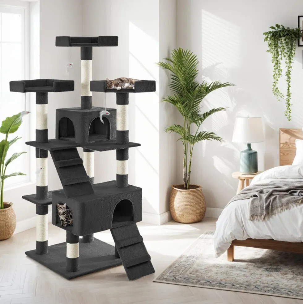 tectake® Kratzbaum, 170 cm, mit 2 Katzenhäusern, inklusive 2 Treppen, 4 Spielmäusen und Kippschutz