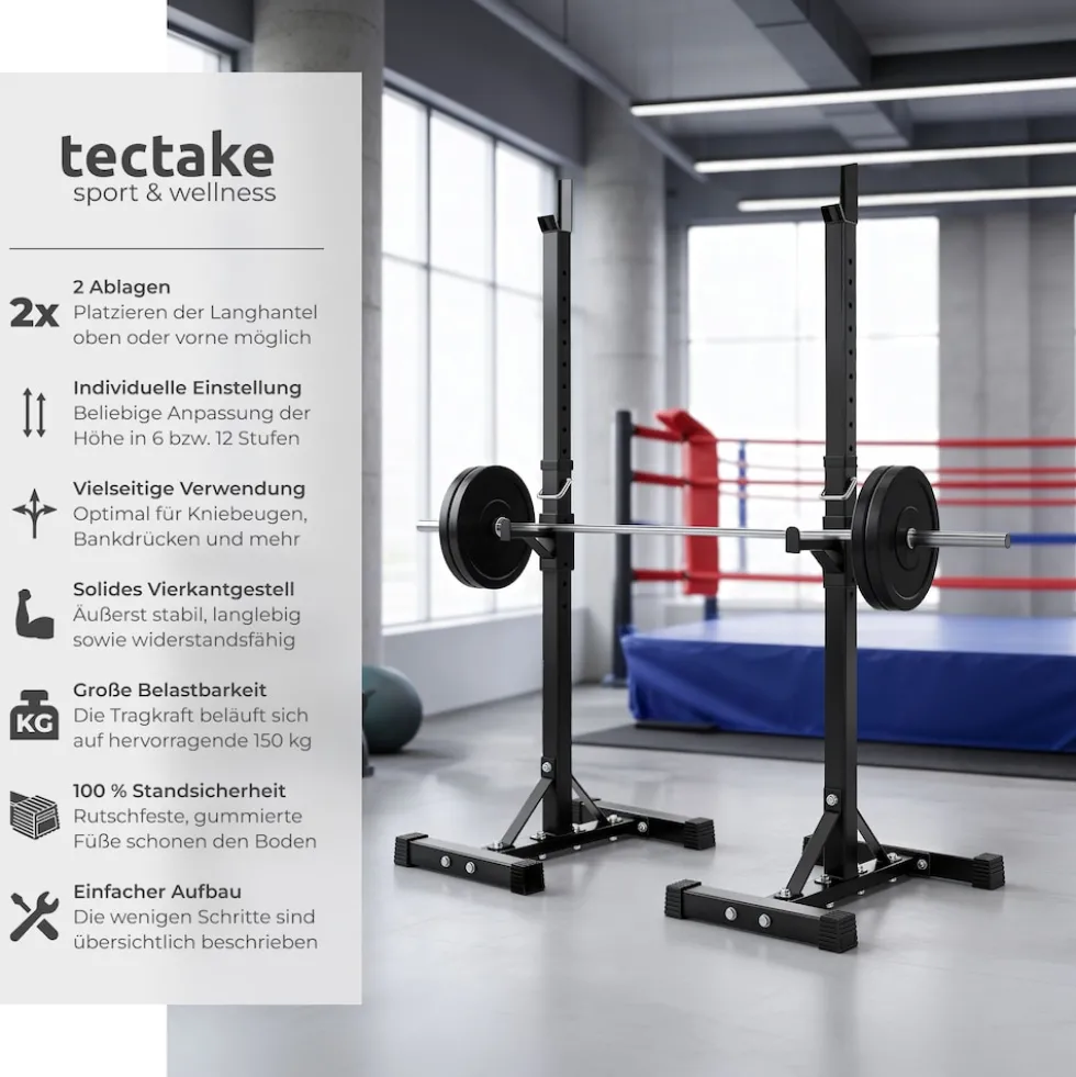 tectake® Langhantelablage, multifunktional, seitliche Ablage 6-fach höhenverstellbar, bodenschonende Kunststoffkappen