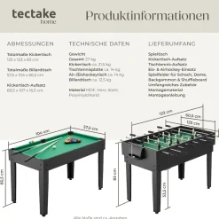 tectake® Multifunktionaler Spieltisch, 15in1, strapazierfähiges MDF, 125 x 123 x 83 cm