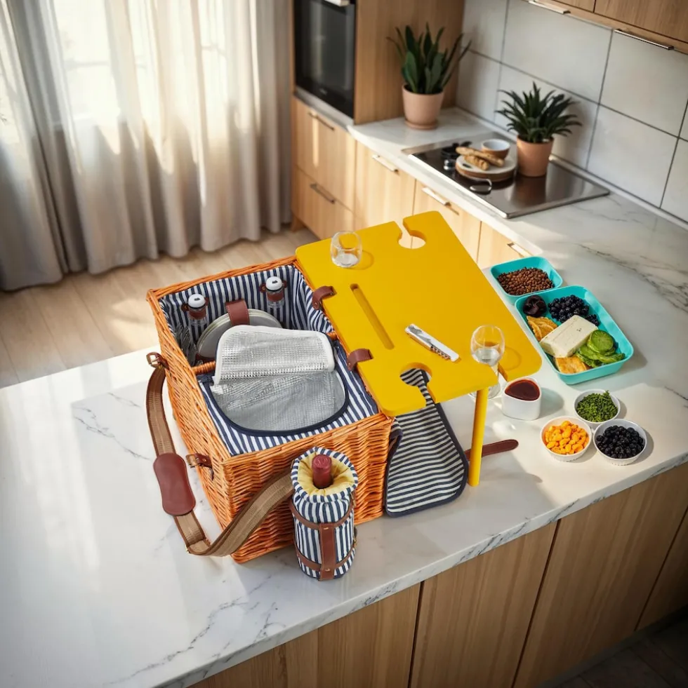 tectake® Picknickkorb, für 4 Personen, mit Picknickdecke, geflochtene Weide, 2 Schnallenverschlüsse und verstellbarer Tragegurt, inkl. 20-teiliges Geschirrset, Kellnermesser, Gewürzstreuer und Weinkühler