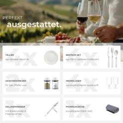 tectake® Picknickkorb, für 4 Personen, mit Picknickdecke, geflochtene Weide, mit Drehverschluss und Tragegriff, inkl. 20-teiliges Geschirrset, Kellnermesser und Gewürzstreuer