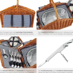 tectake® Picknickkorb, für 4 Personen, mit Picknickdecke, geflochtene Weide, mit Drehverschluss und Tragegriff, inkl. 20-teiliges Geschirrset, Kellnermesser und Gewürzstreuer