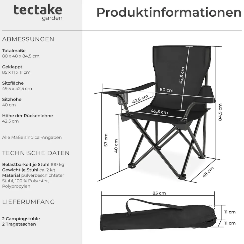 tectake® Set Campingstuhl, faltbar, geringes Gewicht, 80 x 48 x 84,5 cm