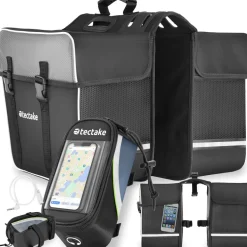 tectake® Set Fahrradtasche Georg und Fahrradrahmentasche, große Fahrradtasche mit 2 Fächern, Schnallenverschluss, Tragegriff und Reflektorstreifen, wasserabweisend und robust