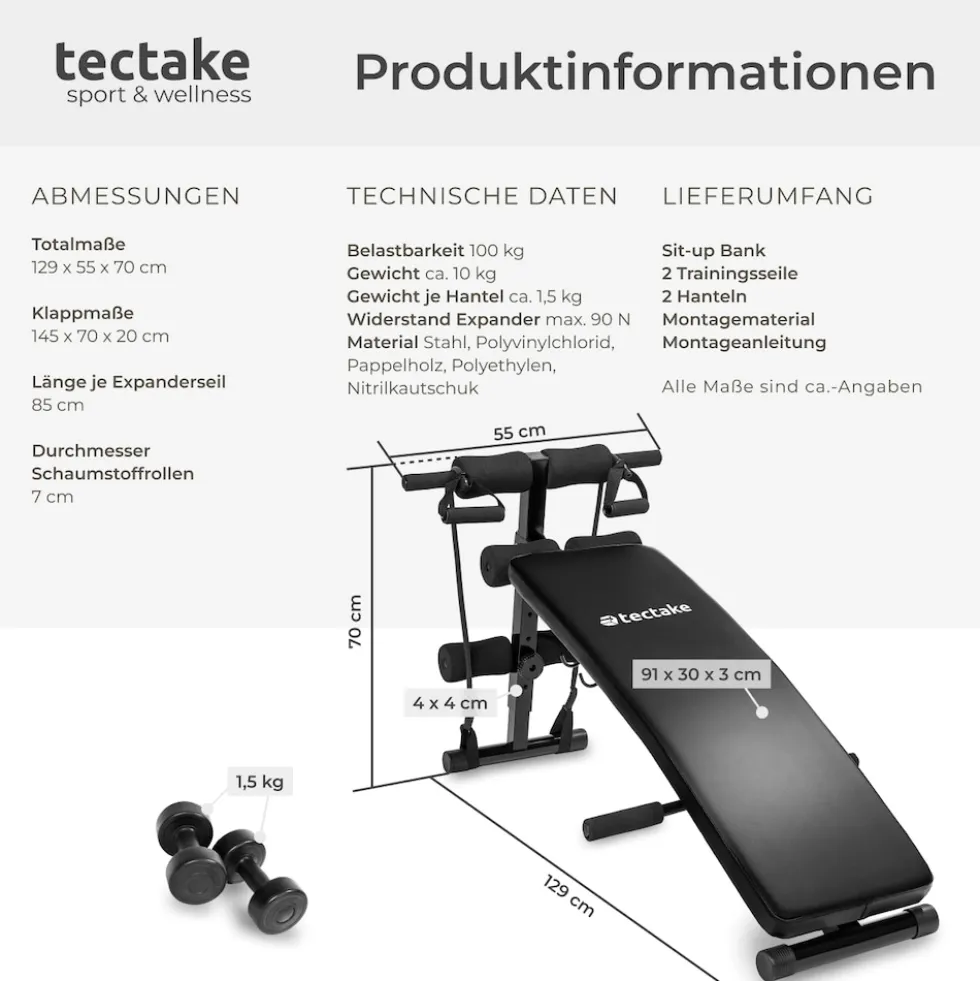 tectake® Sit-up Bank, 6-fach verstellbar, klappbar, rutschfeste Fußenden, inklusive 2 Hanteln und elastische Seile