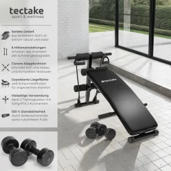 tectake® Sit-up Bank, 6-fach verstellbar, klappbar, rutschfeste Fußenden, inklusive 2 Hanteln und elastische Seile