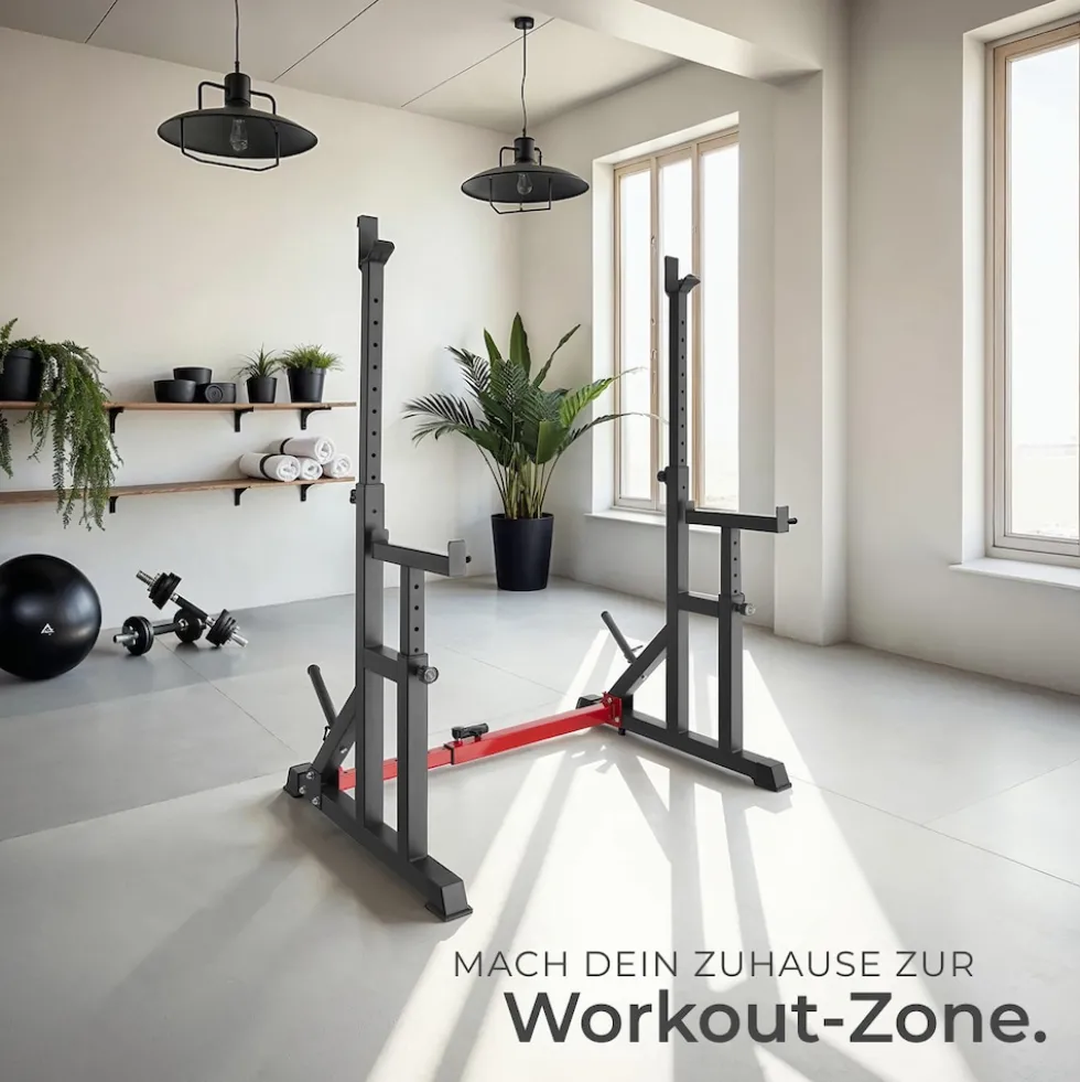 tectake® Squat Rack, multifunktional, Höhe und Breite verstellbar, bodenschonende Kunststoffkappen, inklusive 2 Aufnahmen für Hantelscheiben