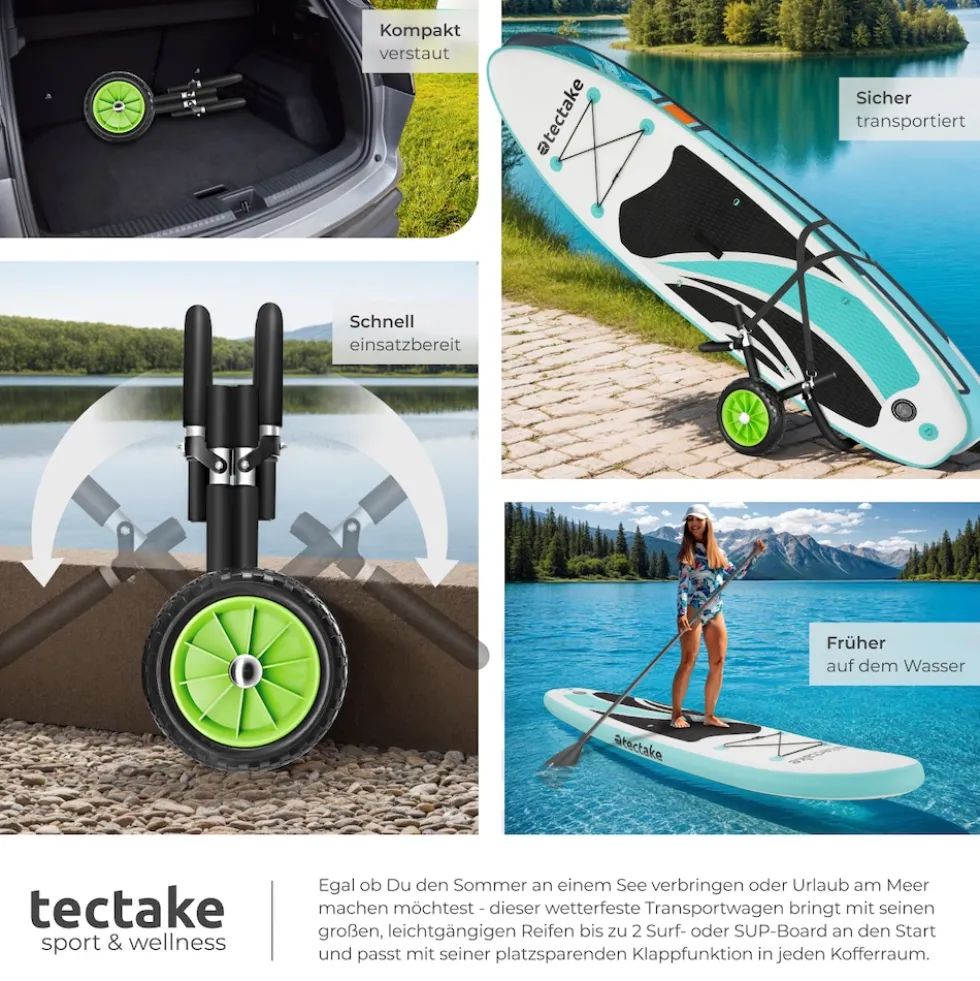 tectake® Surfboard Transportwagen, klappbar, für bis zu 2 Boards, Schaumstoffpolsterung, inkl. 2 Sicherungsgurte, 62 x 53 x 49 cm